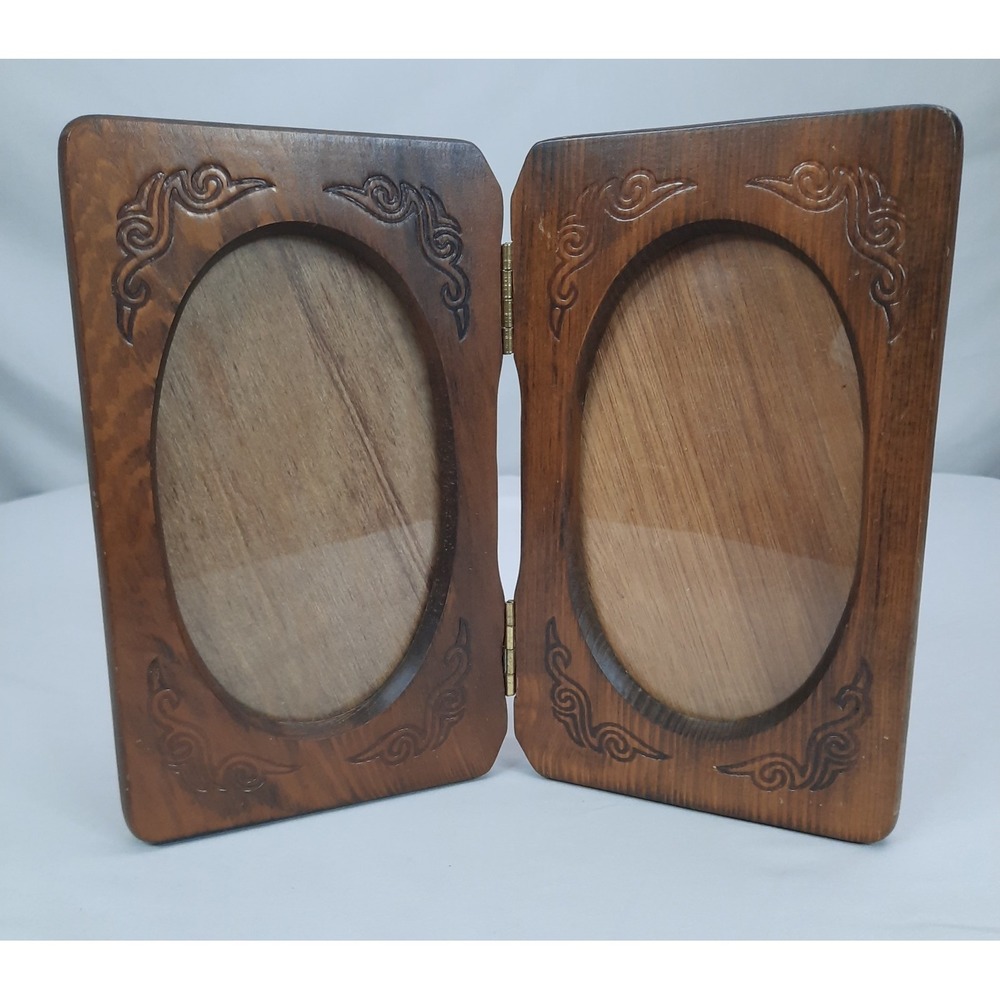 Vintage Carved Wood Double Picture Frame Bifold Hinged Oval Cottage Core Rustic
